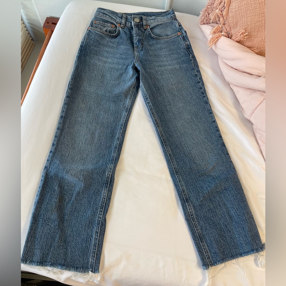 True Denim High Waisted Mom Jeans with Frayed Bottoms